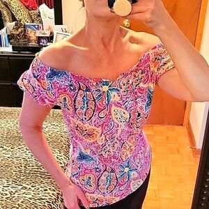 Chaps Ralph Lauren Pink Paisley Multicolor Off-the-Shoulder Puff Sleeve Blouse M
